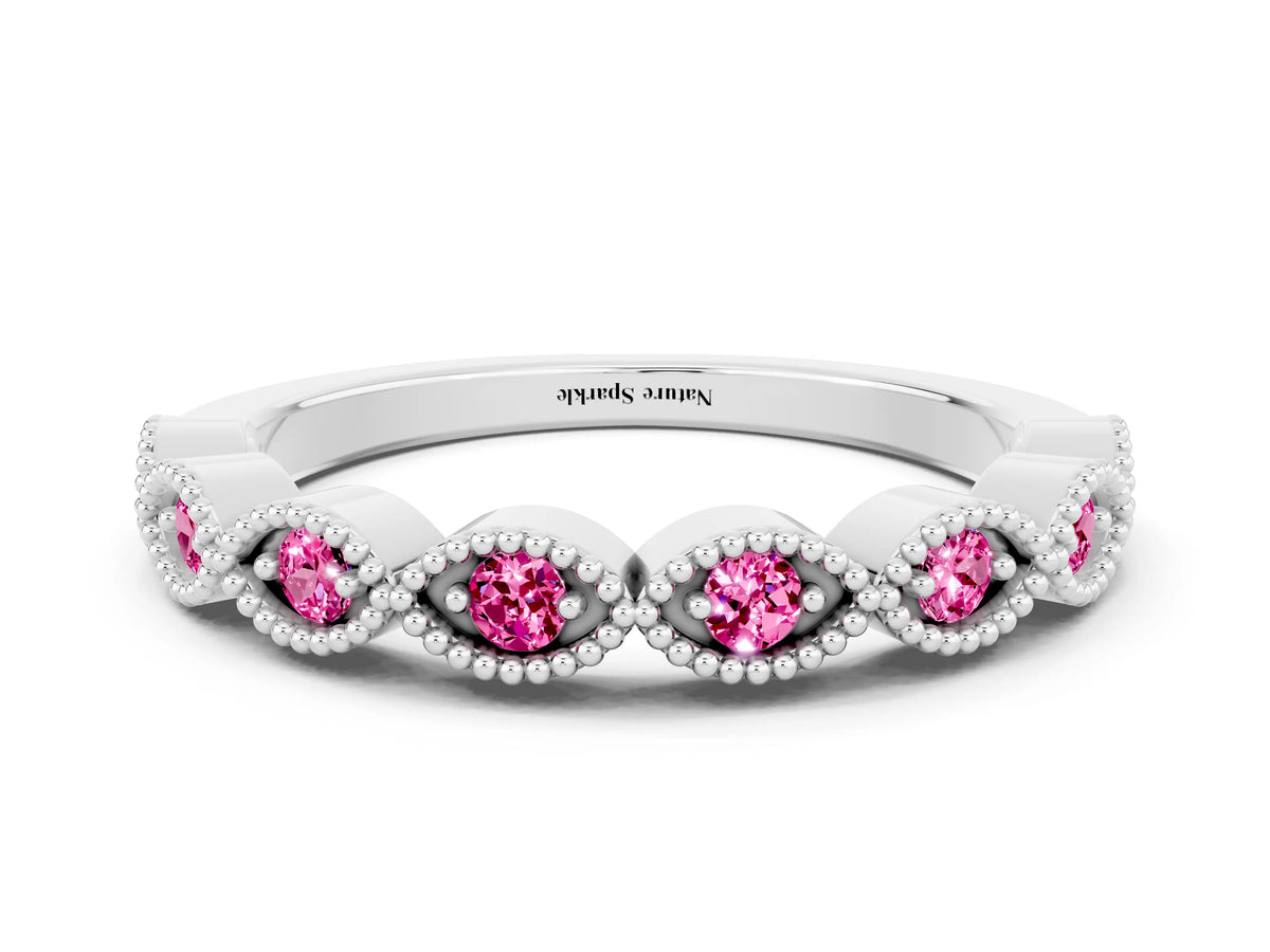 Marquise Pink Sapphire Milgrain Half Eternity Band in Platinum with Bezel Setting
