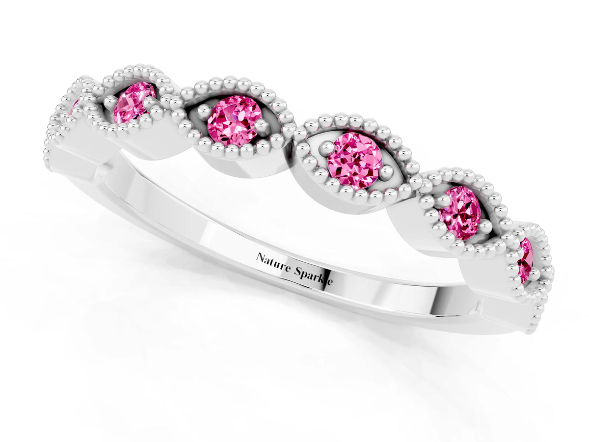 Marquise Pink Sapphire Milgrain Half Eternity Band in Platinum with Bezel Setting_1