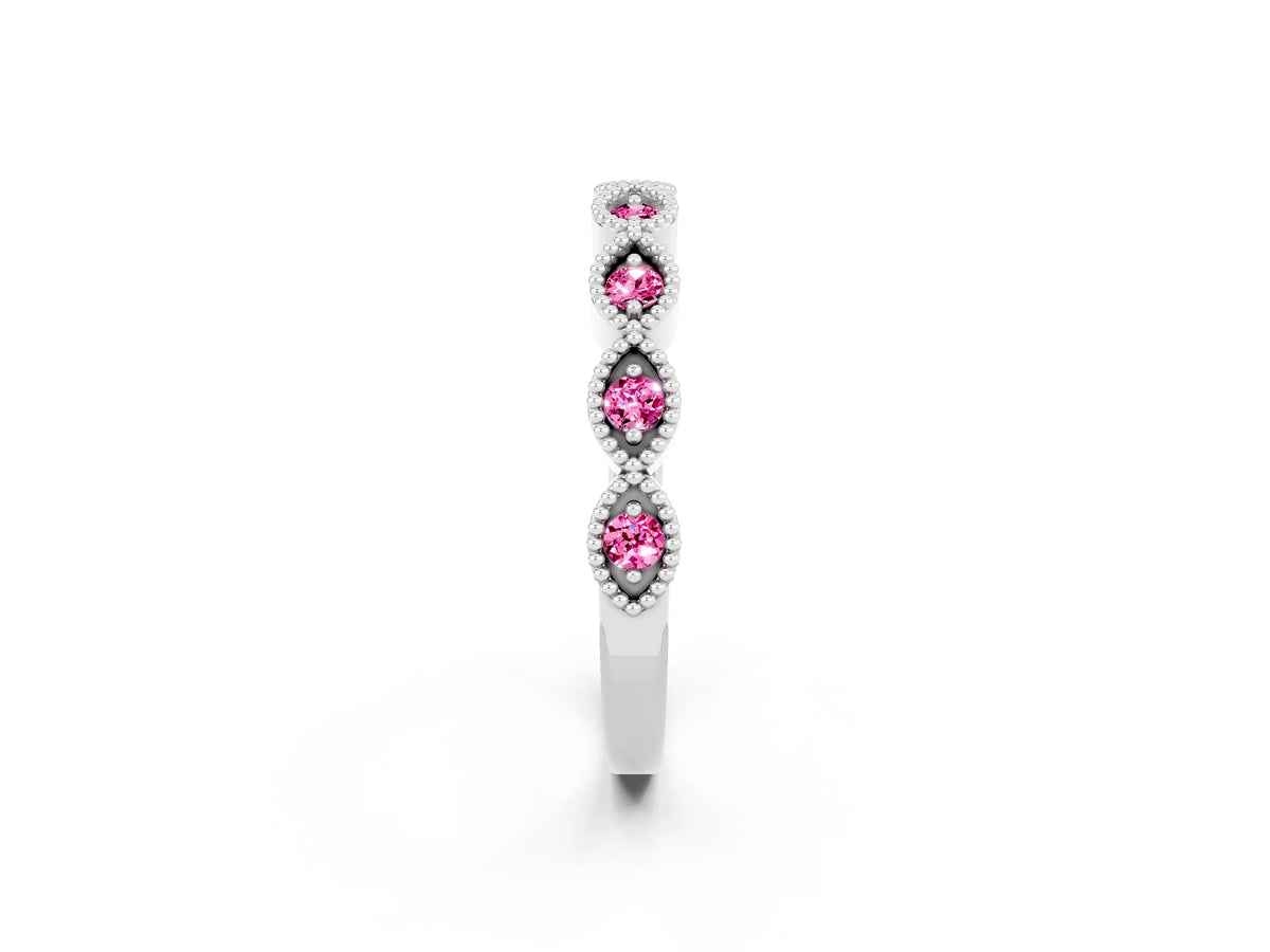 Marquise Pink Sapphire Milgrain Half Eternity Band in White gold with Bezel Setting_2
