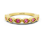 Marquise Pink Sapphire Milgrain Half Eternity Band in Yellow gold with Bezel Setting