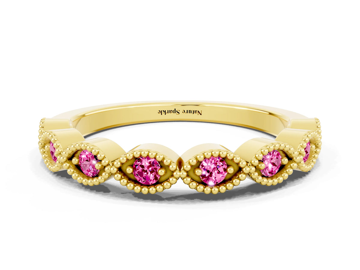Marquise Pink Sapphire Milgrain Half Eternity Band in Yellow gold with Bezel Setting