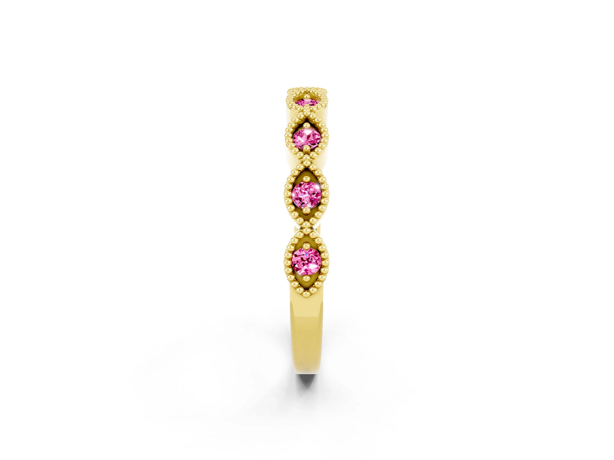 Marquise Pink Sapphire Milgrain Half Eternity Band in Yellow gold with Bezel Setting_2