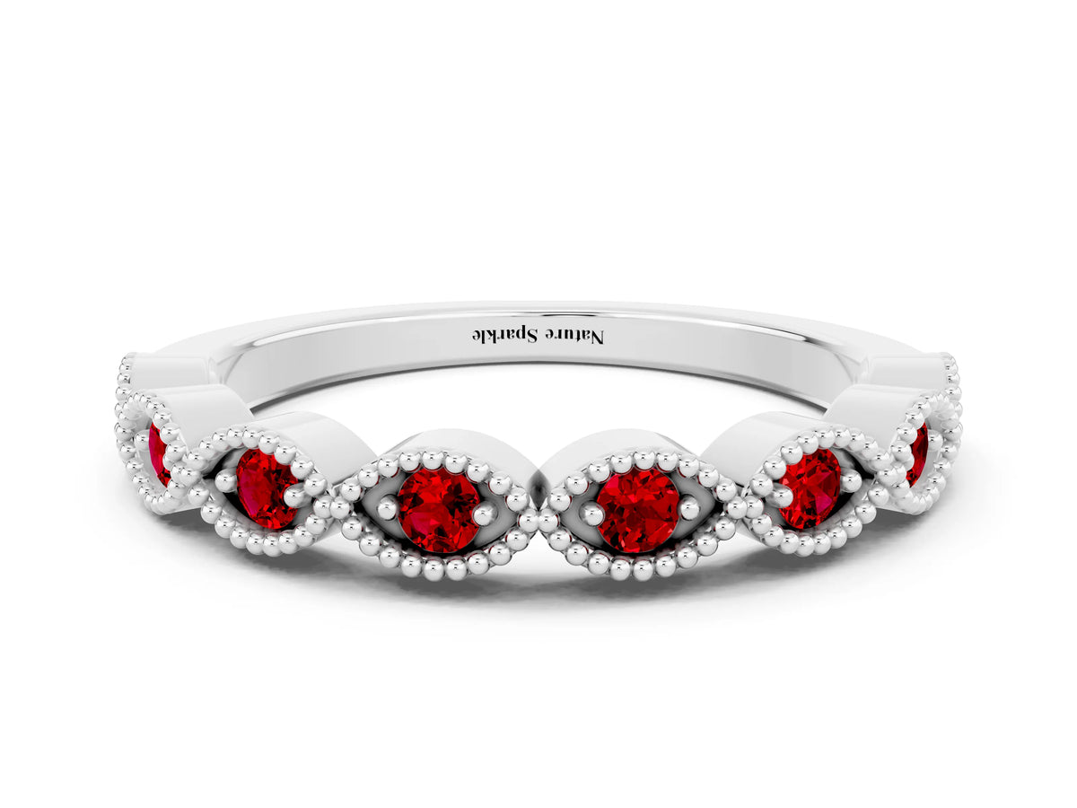 Marquise Ruby Milgrain Half Eternity Band in Silver with Bezel Setting