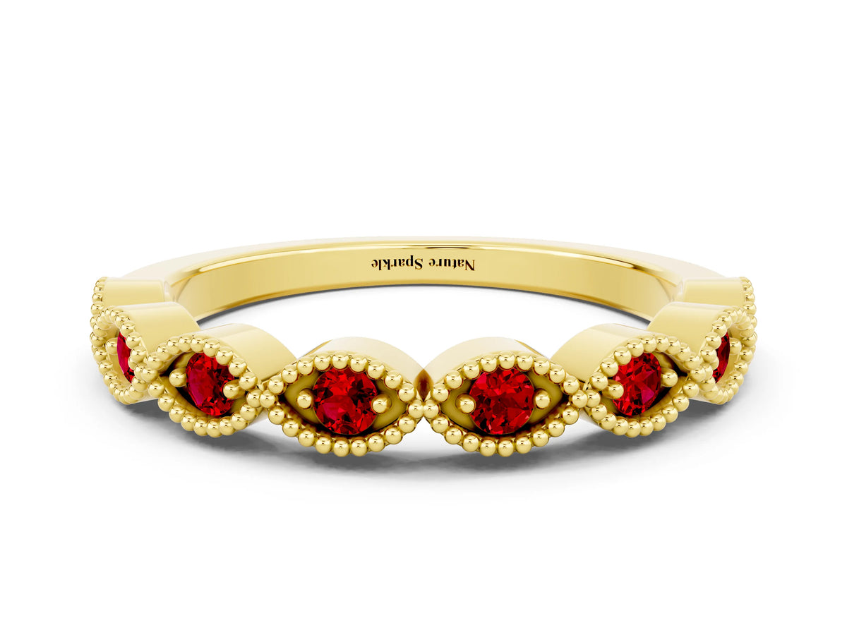 Marquise Ruby Milgrain Half Eternity Band in Yellow gold with Bezel Setting
