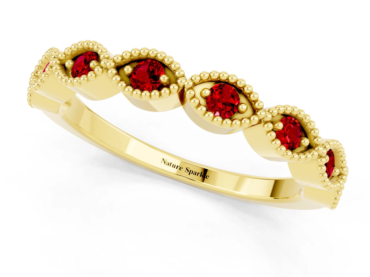 Marquise Ruby Milgrain Half Eternity Band in Yellow gold with Bezel Setting_1