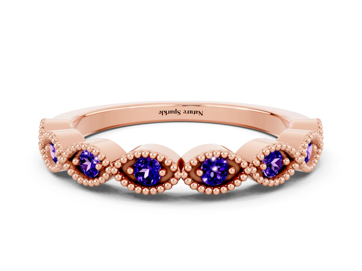 Marquise Tanzanite Milgrain Half Eternity Band in Rose gold with Bezel Setting