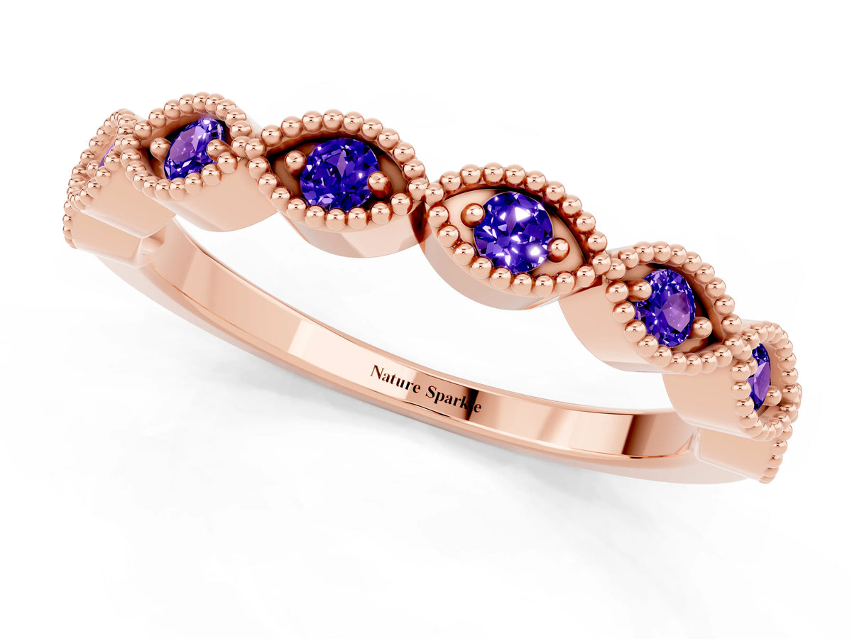 Marquise Tanzanite Milgrain Half Eternity Band in Rose gold with Bezel Setting_1