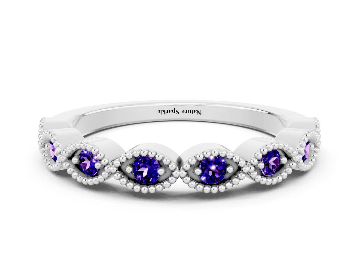 Marquise Tanzanite Milgrain Half Eternity Band in Silver with Bezel Setting