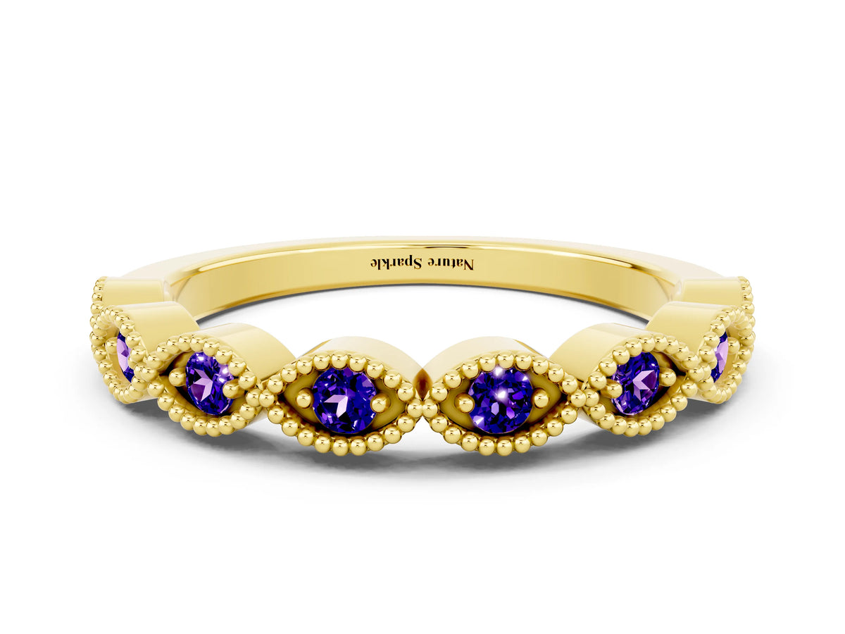 Marquise Tanzanite Milgrain Half Eternity Band in Yellow gold with Bezel Setting