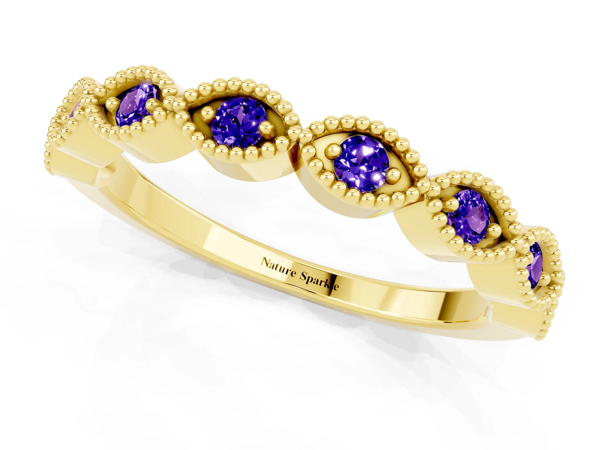 Marquise Tanzanite Milgrain Half Eternity Band in Yellow gold with Bezel Setting_1