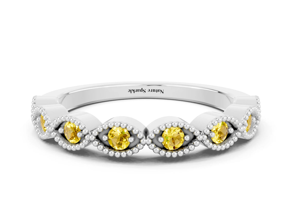 Marquise Yellow Sapphire Milgrain Half Eternity Band in White gold with Bezel Setting