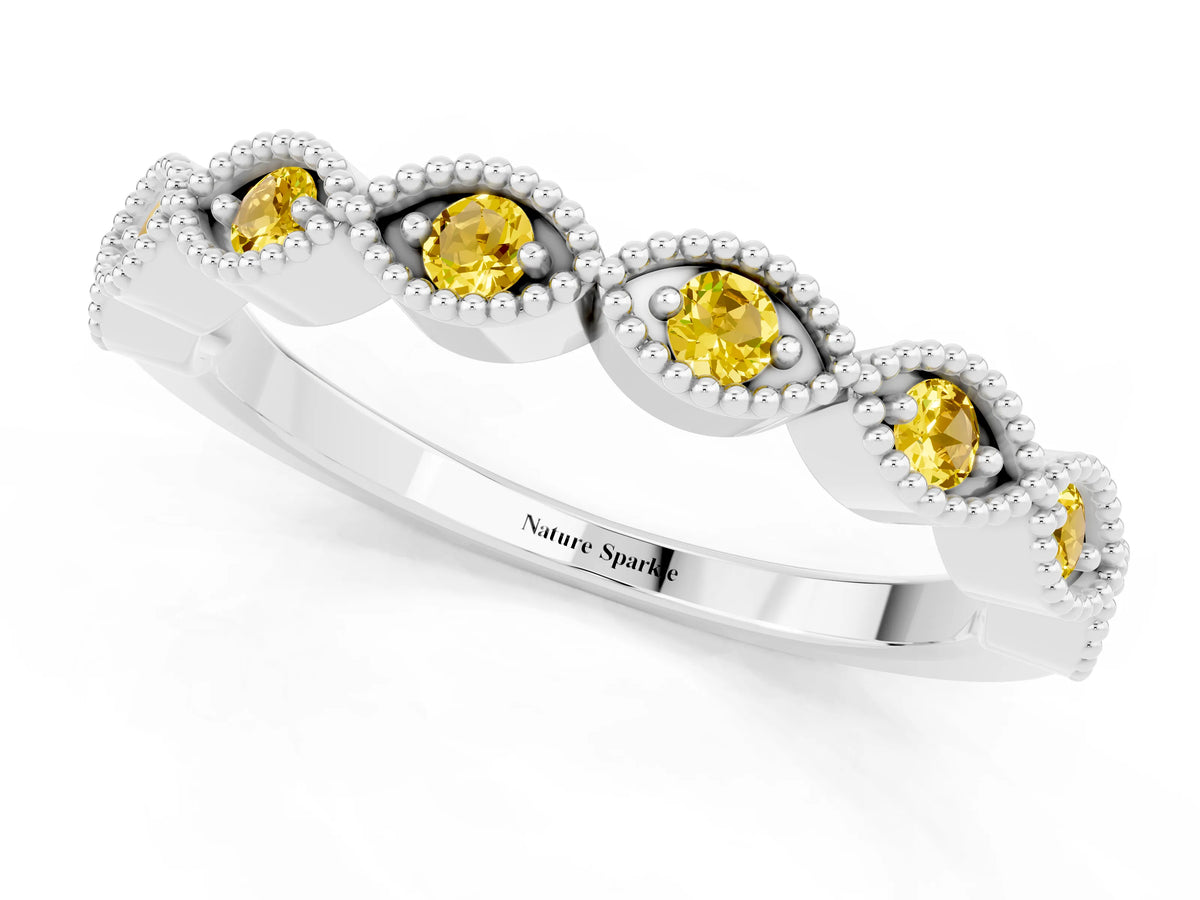 Marquise Yellow Sapphire Milgrain Half Eternity Band in White gold with Bezel Setting_1