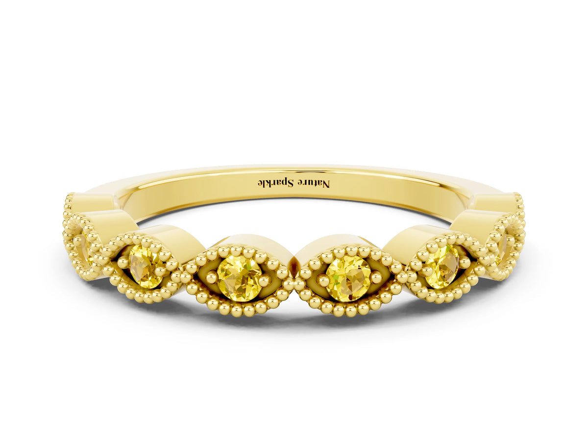 Marquise Yellow Sapphire Milgrain Half Eternity Band in Yellow gold with Bezel Setting
