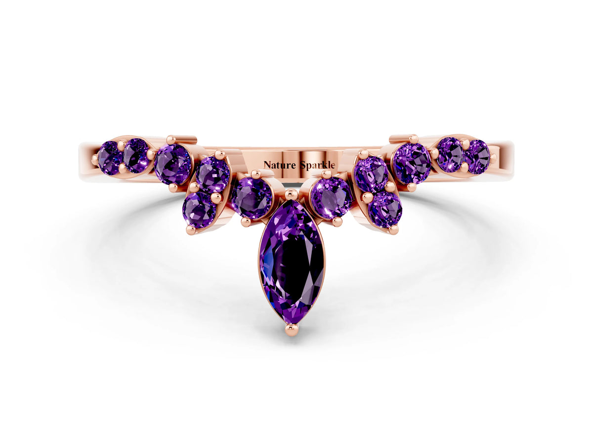 Marquise and Round Amethyst Chevron Band in Rose gold with Prong Setting