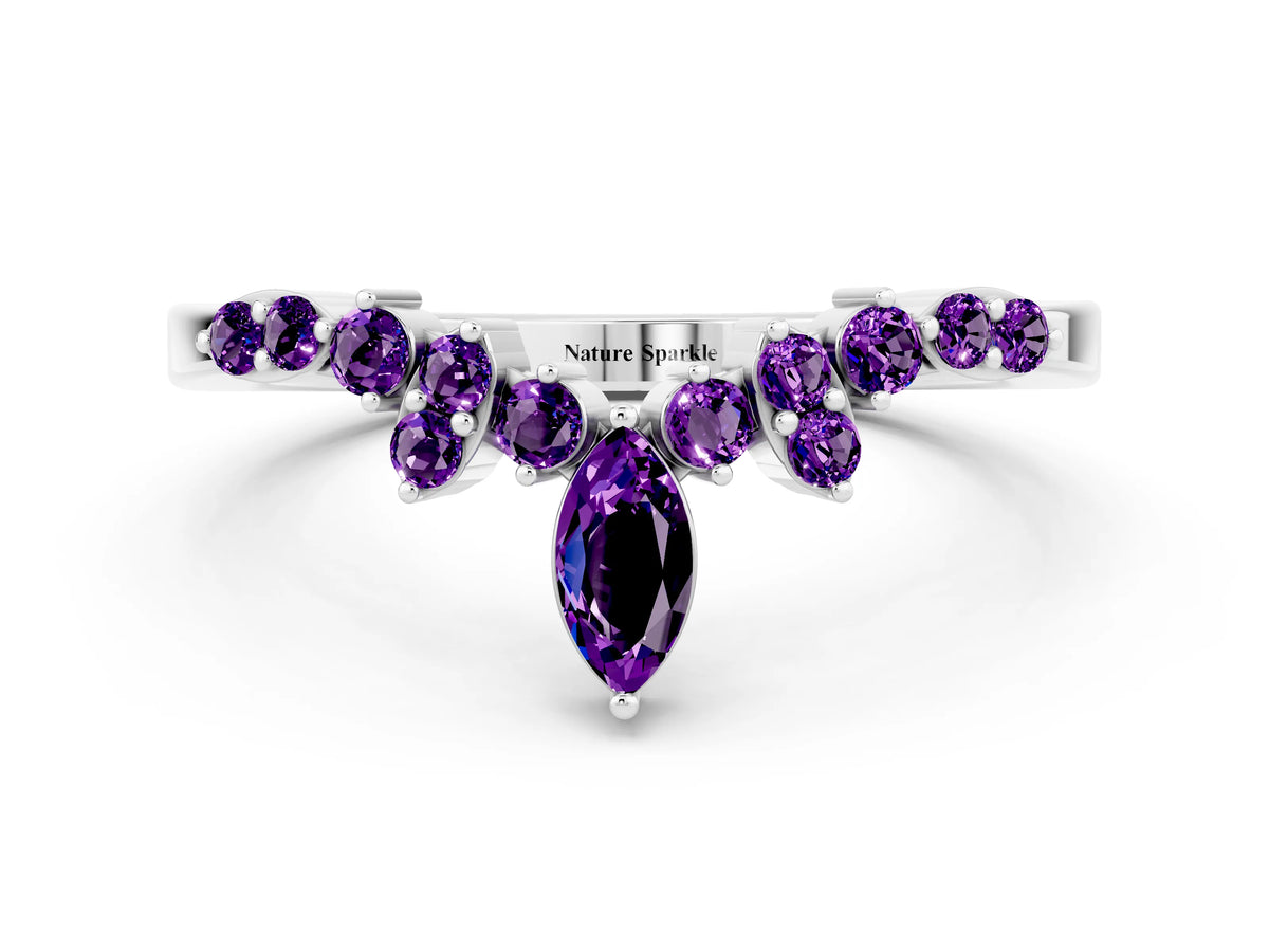 Marquise and Round Amethyst Chevron Band in White gold with Prong Setting