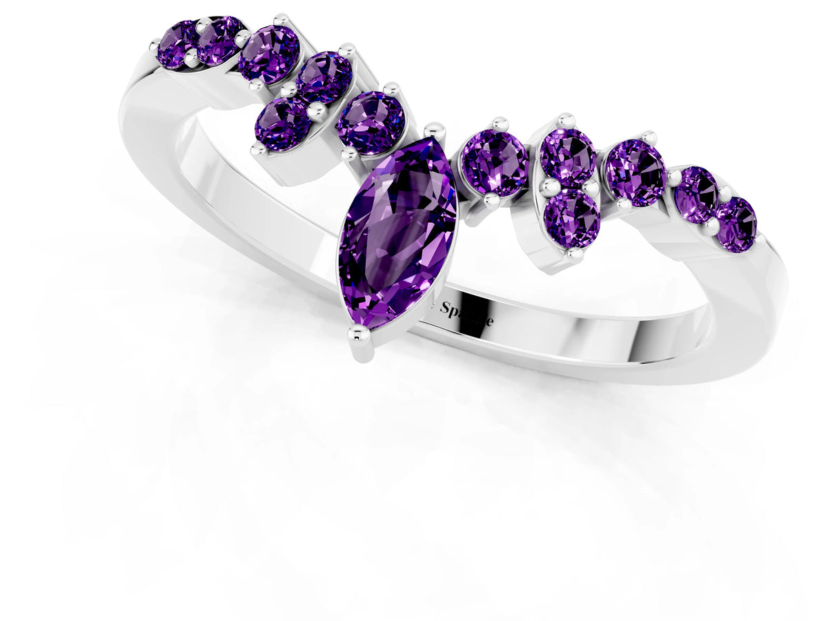 Marquise and Round Amethyst Chevron Band in White gold with Prong Setting_1