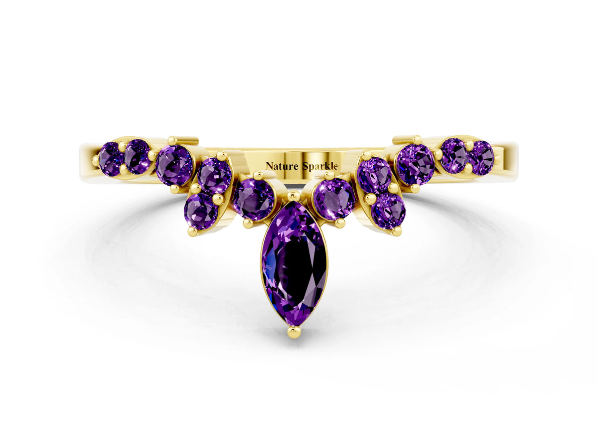 Marquise and Round Amethyst Chevron Band in Yellow gold with Prong Setting