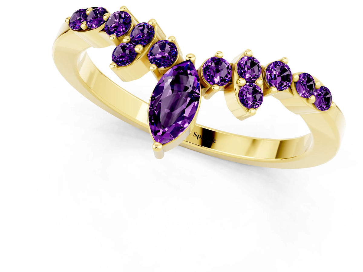 Marquise and Round Amethyst Chevron Band in Yellow gold with Prong Setting_1