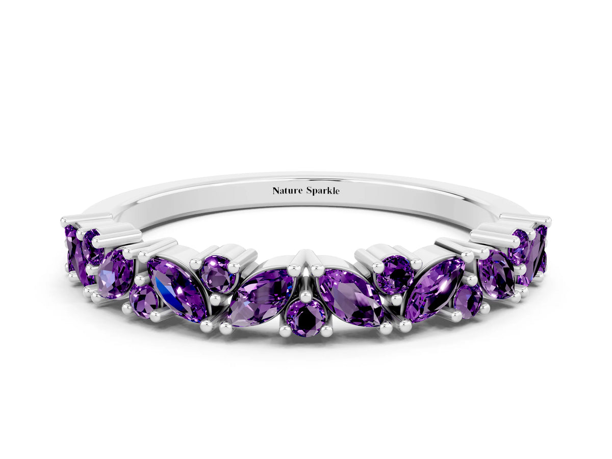 Marquise and Round Amethyst Vine Eternity Band in White gold with Prong Setting