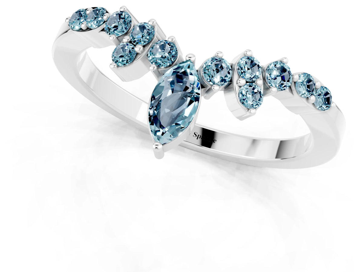 Marquise and Round Aquamarine Chevron Band in Silver with Prong Setting_1