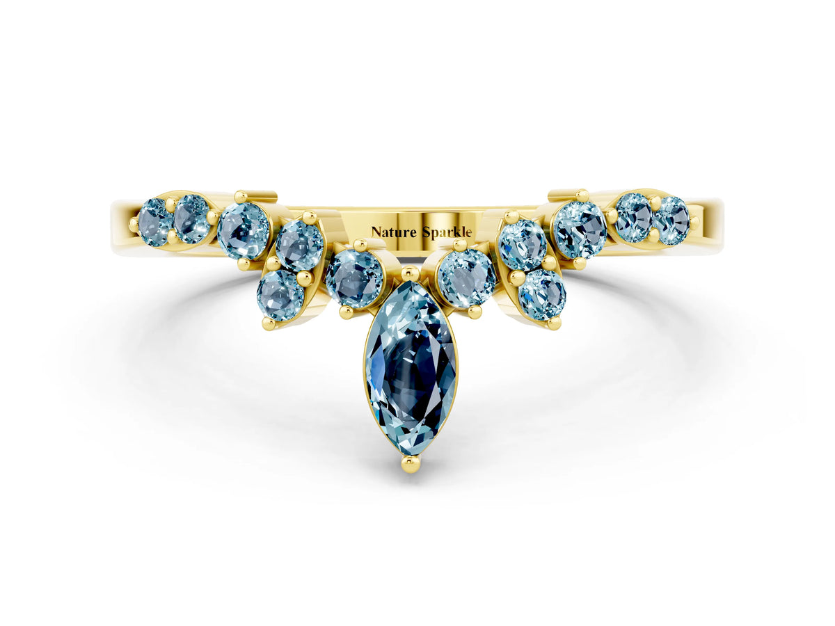 Marquise and Round Aquamarine Chevron Band in Yellow gold with Prong Setting