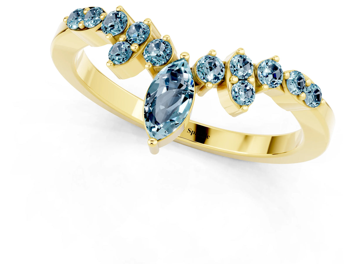 Marquise and Round Aquamarine Chevron Band in Yellow gold with Prong Setting_1