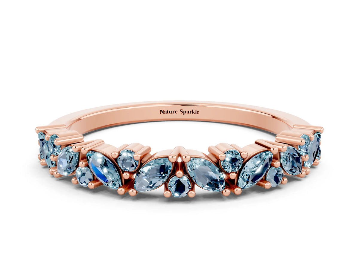 Marquise and Round Aquamarine Vine Eternity Band in Rose gold with Prong Setting