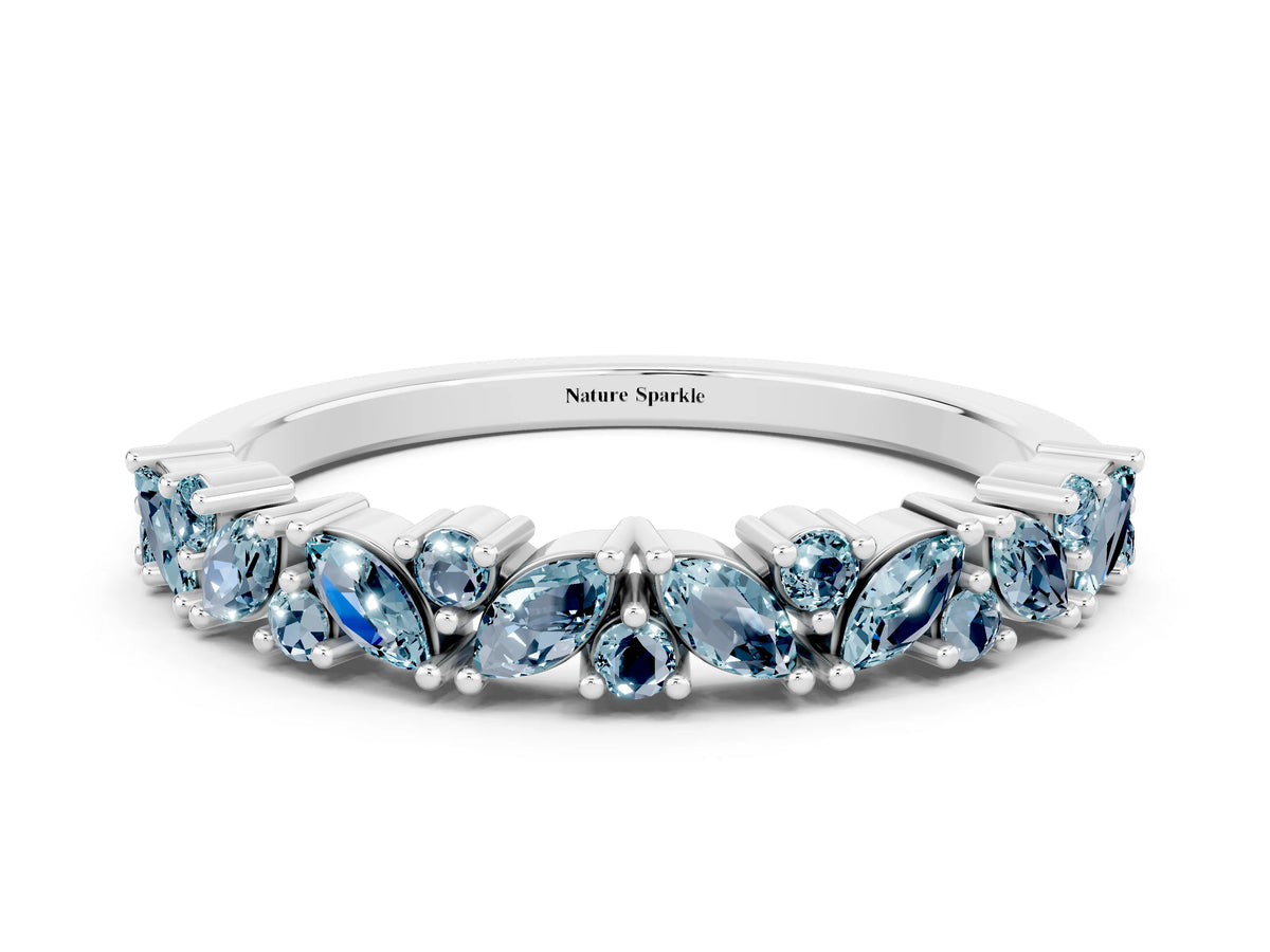 Marquise and Round Aquamarine Vine Eternity Band in Silver with Prong Setting