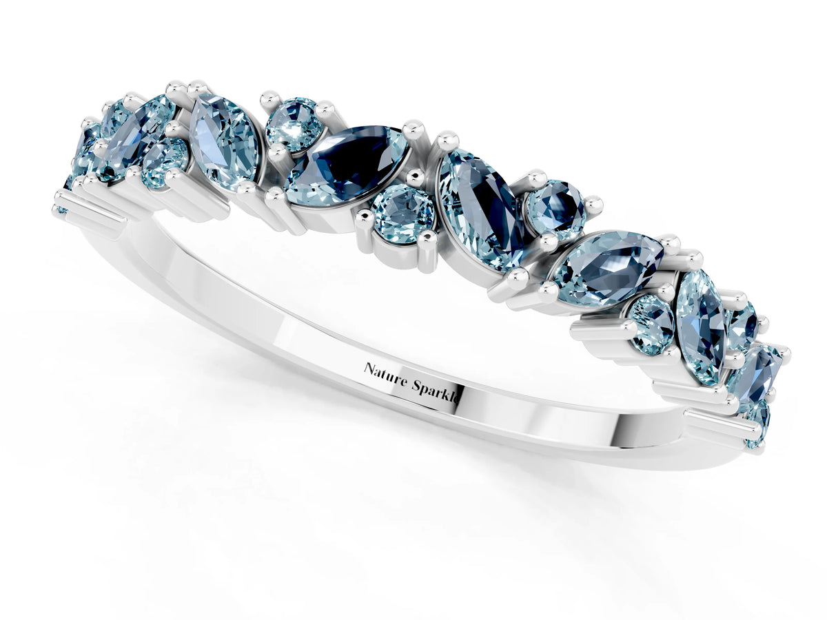 Marquise and Round Aquamarine Vine Eternity Band in White gold with Prong Setting_1