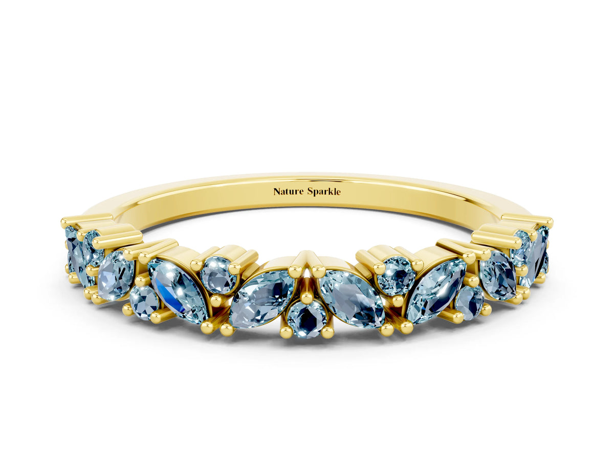 Marquise and Round Aquamarine Vine Eternity Band in Yellow gold with Prong Setting