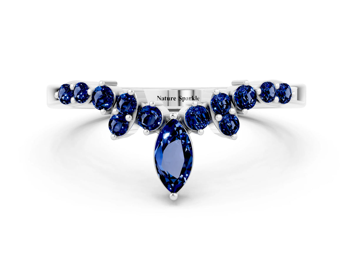 Marquise and Round Blue Sapphire Chevron Band in Platinum with Prong Setting