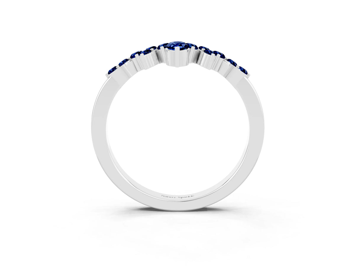 Marquise and Round Blue Sapphire Chevron Band in Silver with Prong Setting_3