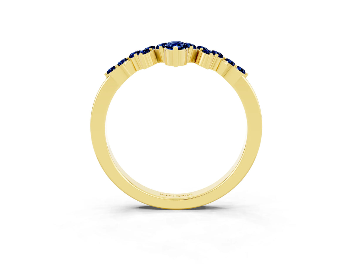 Marquise and Round Blue Sapphire Chevron Band in Yellow gold with Prong Setting_3