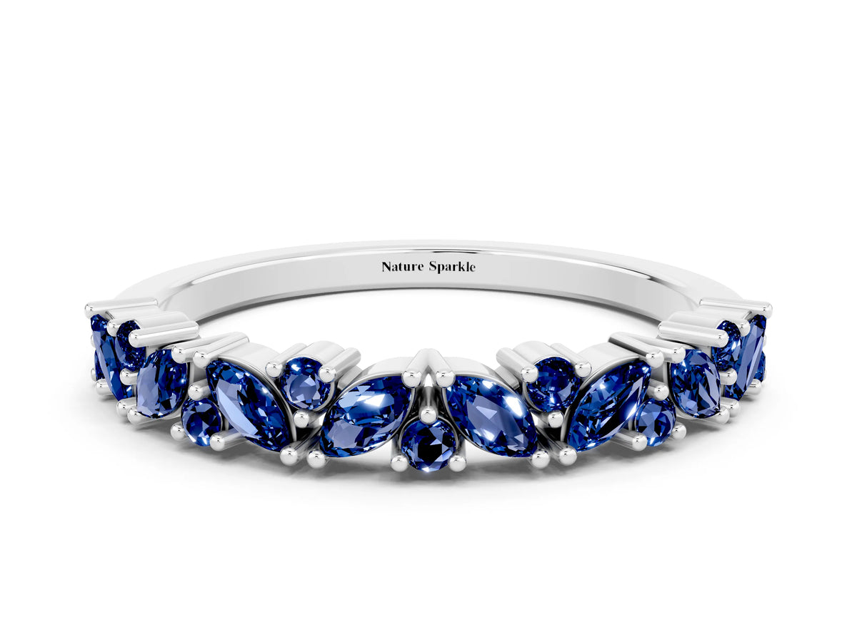 Marquise and Round Blue Sapphire Vine Eternity Band in White gold with Prong Setting