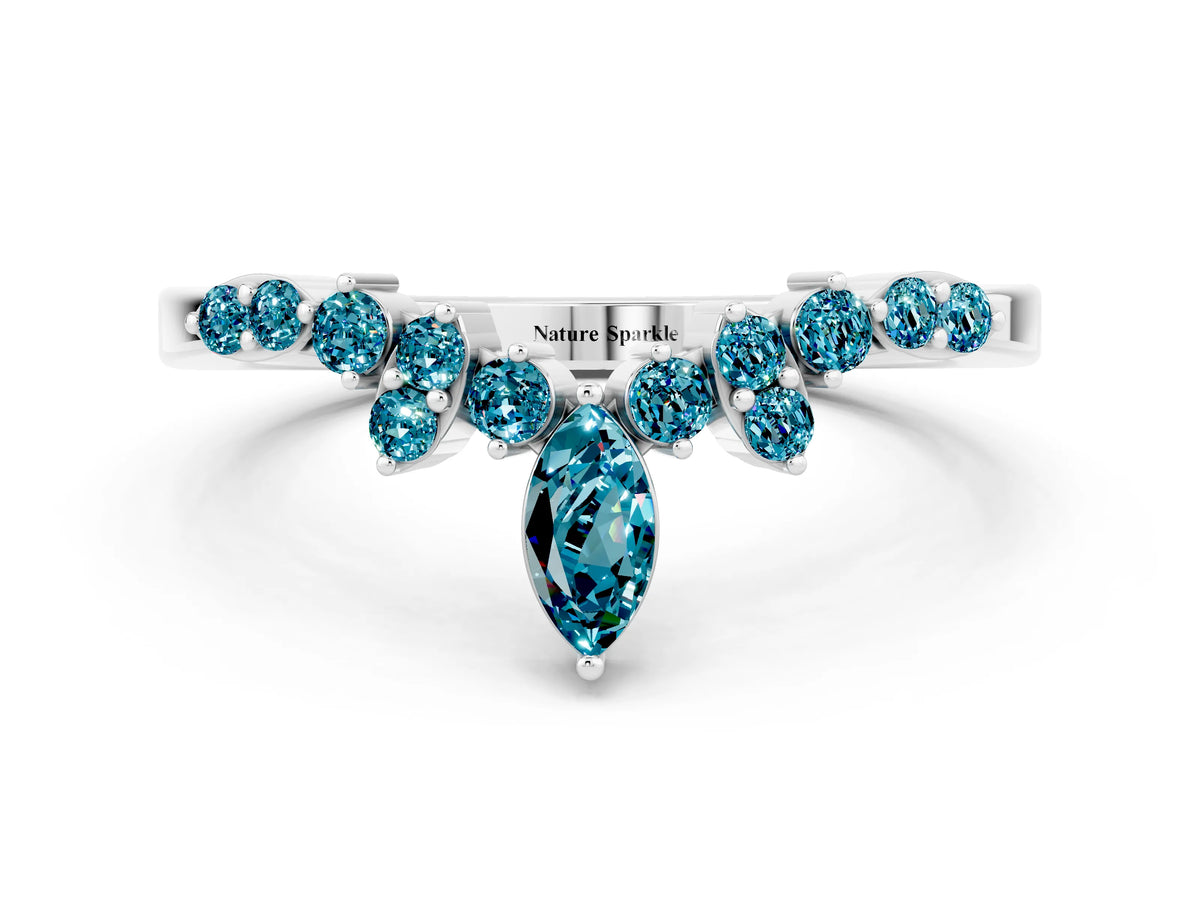 Marquise and Round Blue Topaz Chevron Band in Platinum with Prong Setting