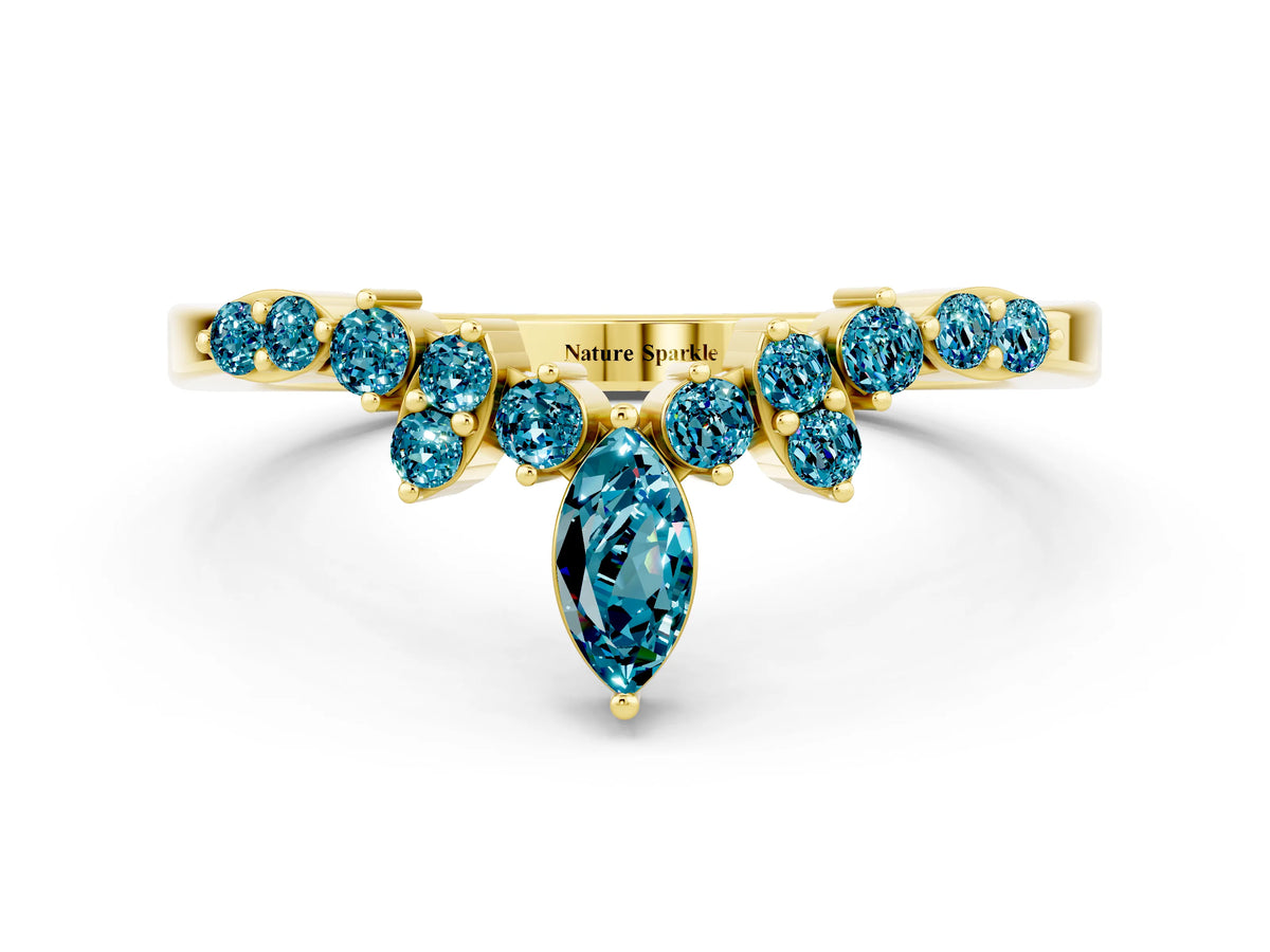 Marquise and Round Blue Topaz Chevron Band in Yellow gold with Prong Setting