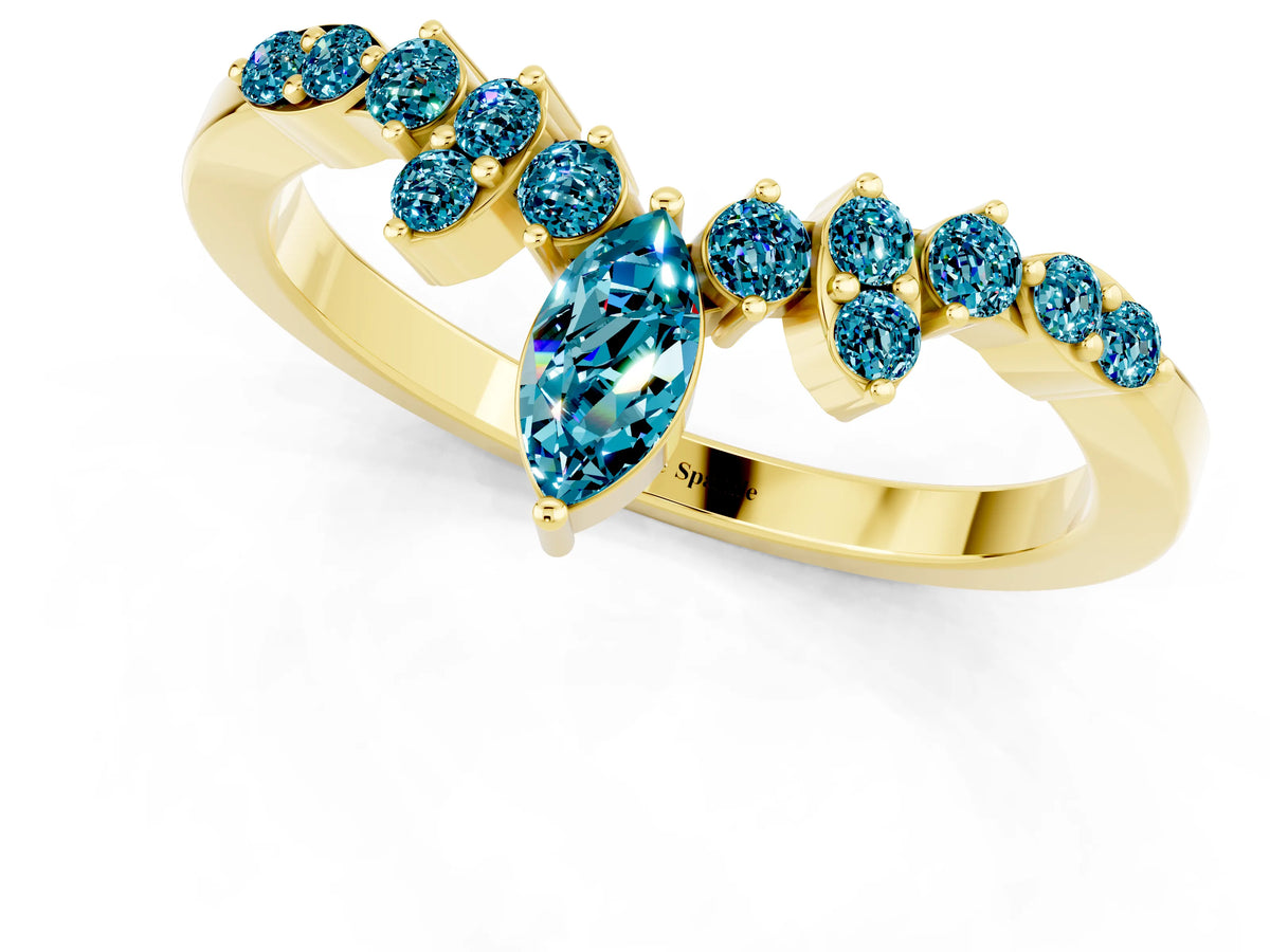 Marquise and Round Blue Topaz Chevron Band in Yellow gold with Prong Setting_1