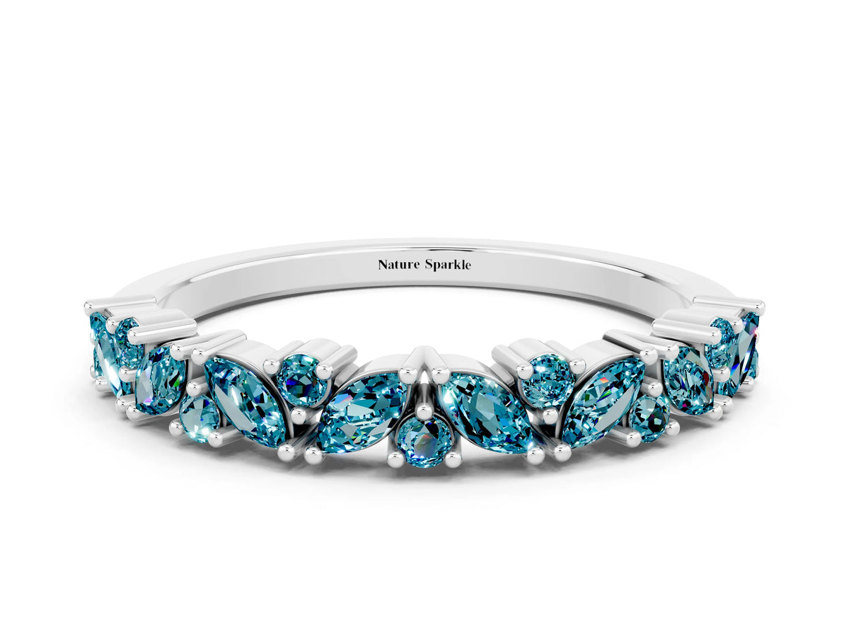 Marquise and Round Blue Topaz Vine Eternity Band in White gold with Prong Setting