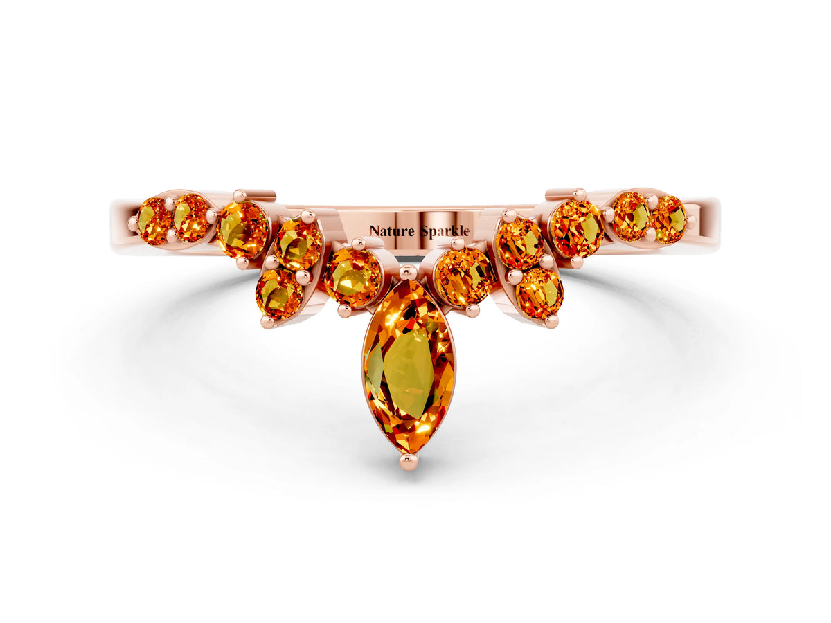 Marquise and Round Citrine Chevron Band in Rose gold with Prong Setting