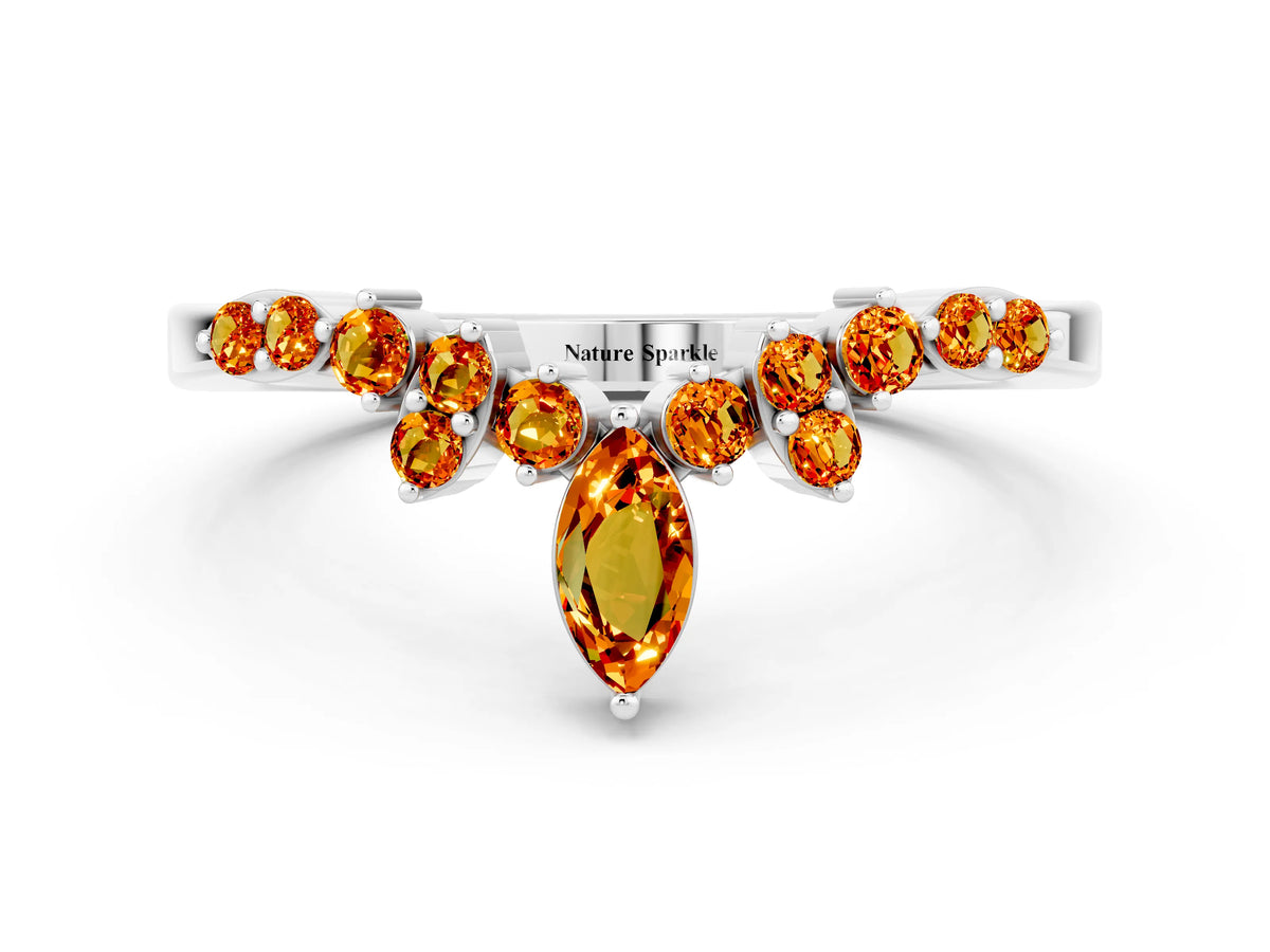 Marquise and Round Citrine Chevron Band in White gold with Prong Setting