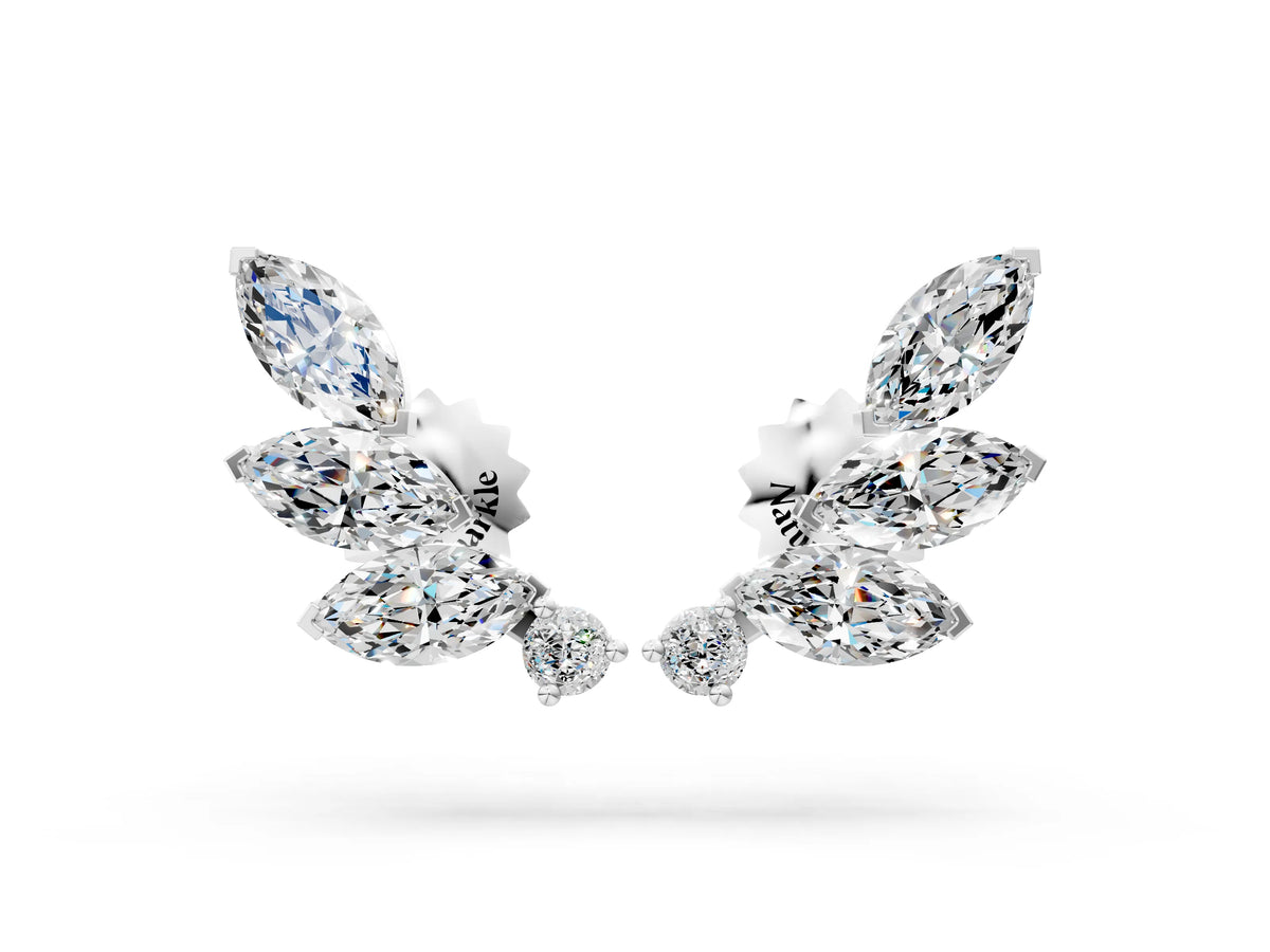 Marquise and Round Diamond Ivy Climber Earrings in White gold with Curved Leaf Detail