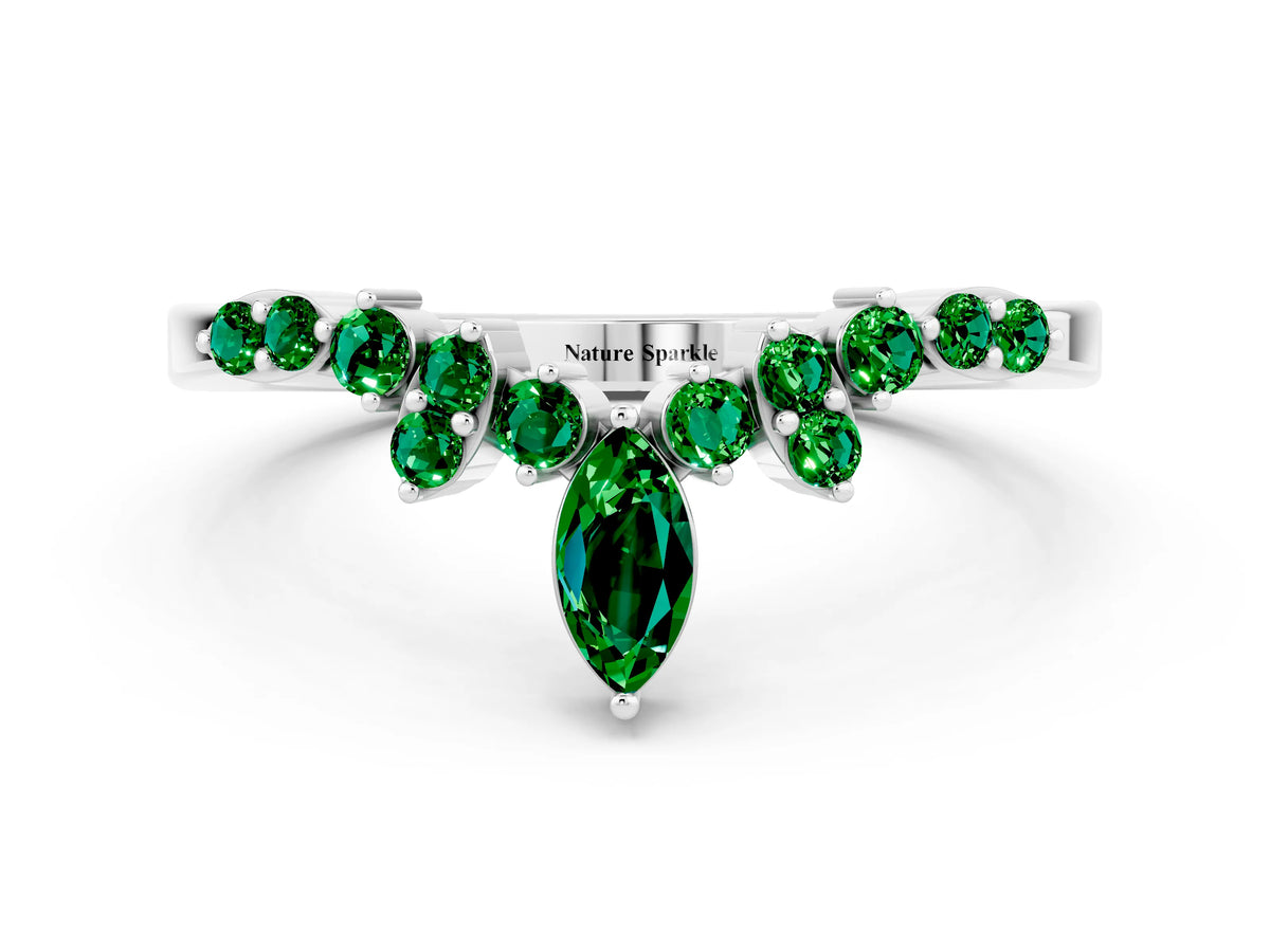Marquise and Round Emerald Chevron Band in White gold with Prong Setting