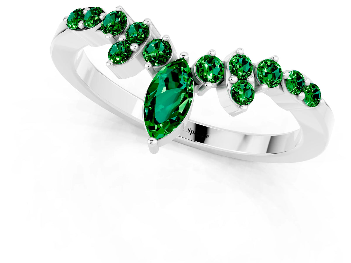 Marquise and Round Emerald Chevron Band in White gold with Prong Setting_1