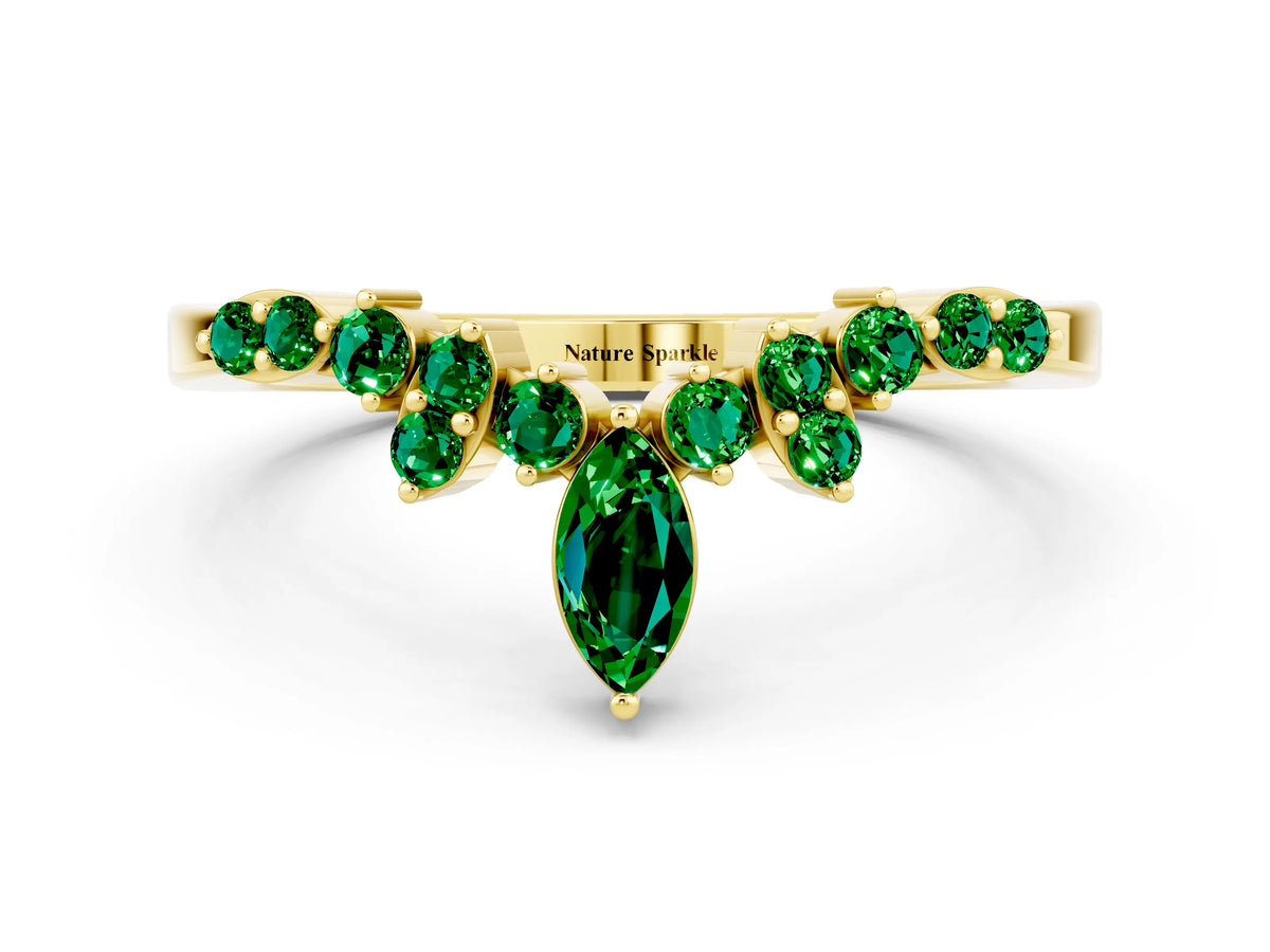 Marquise and Round Emerald Chevron Band in Yellow gold with Prong Setting
