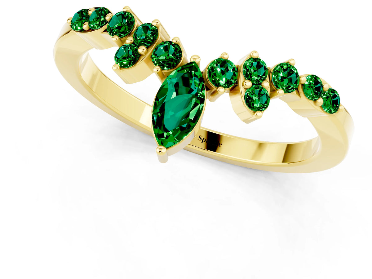 Marquise and Round Emerald Chevron Band in Yellow gold with Prong Setting_1