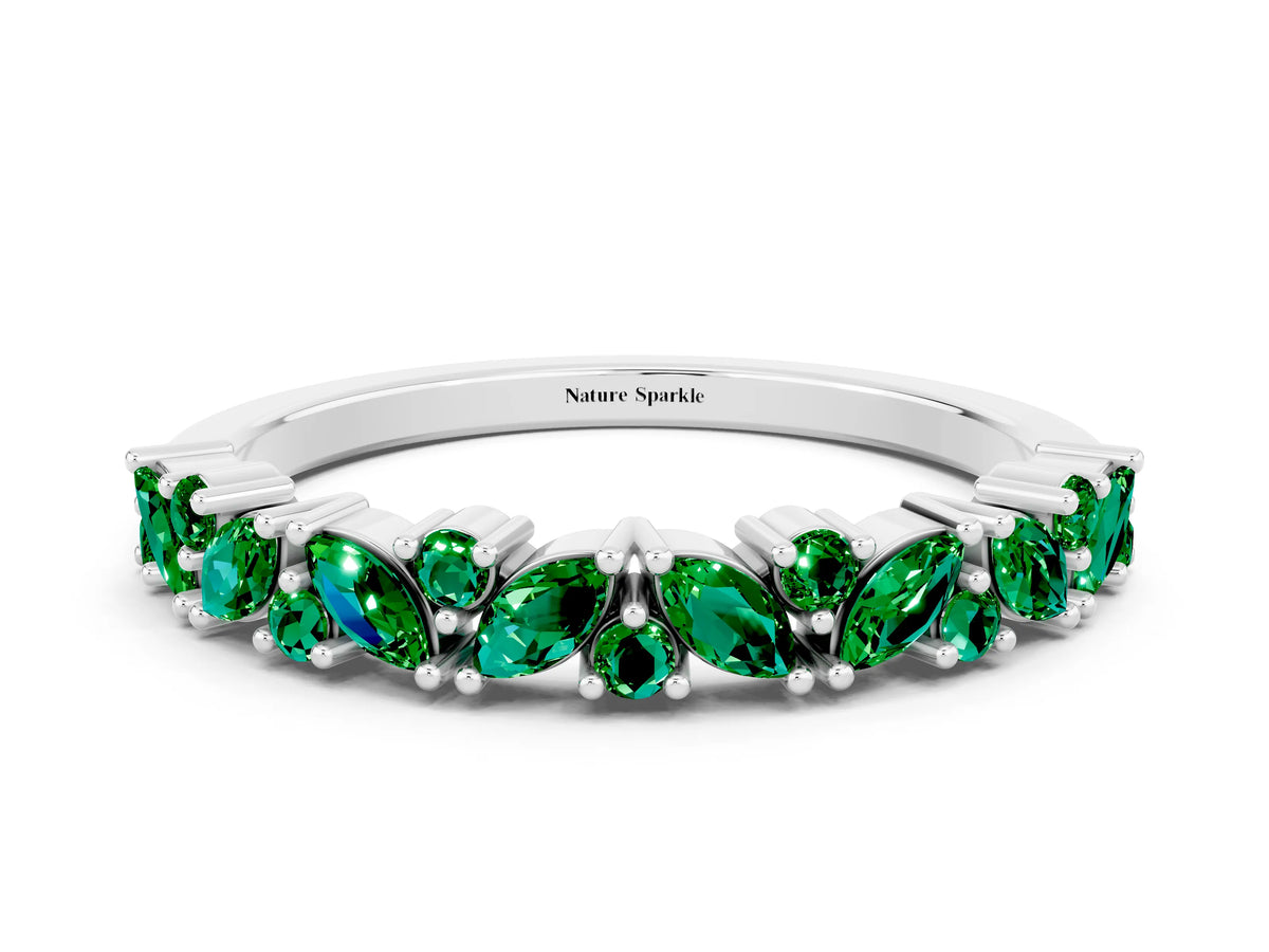 Marquise and Round Emerald Vine Eternity Band in Platinum with Prong Setting