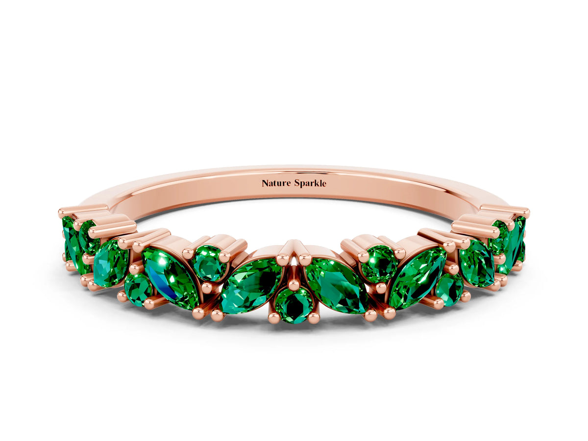 Marquise and Round Emerald Vine Eternity Band in Rose gold with Prong Setting