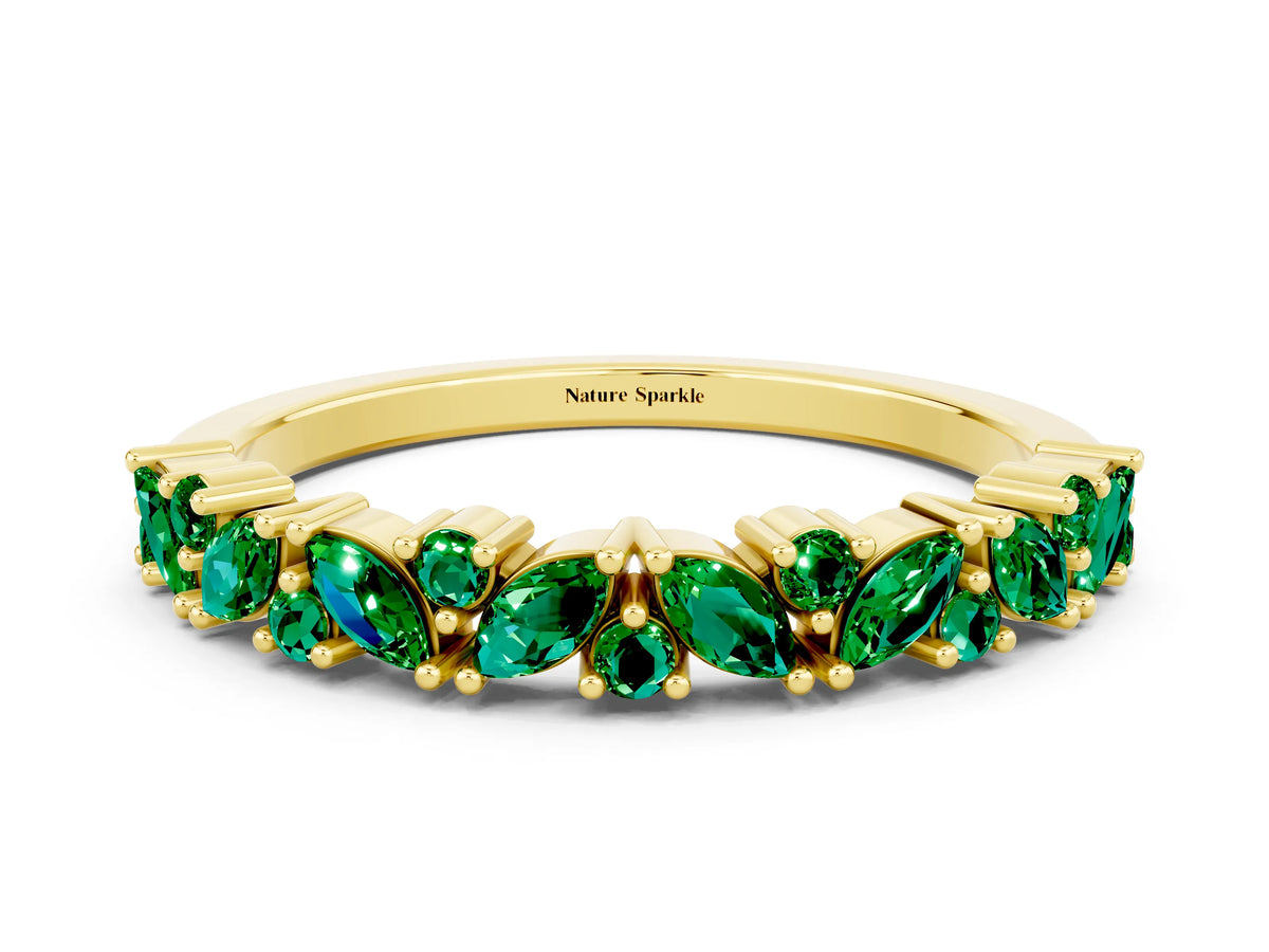 Marquise and Round Emerald Vine Eternity Band in Yellow gold with Prong Setting