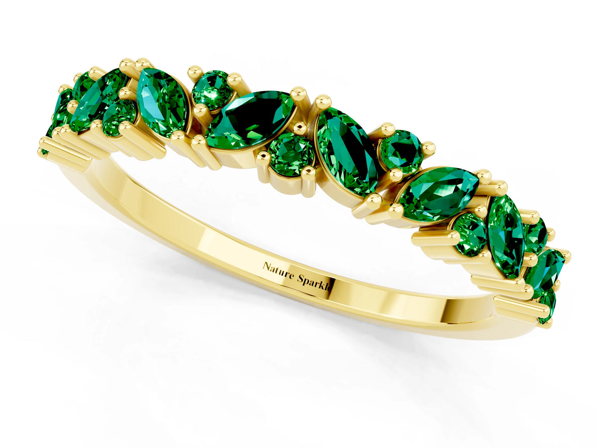 Marquise and Round Emerald Vine Eternity Band in Yellow gold with Prong Setting_1
