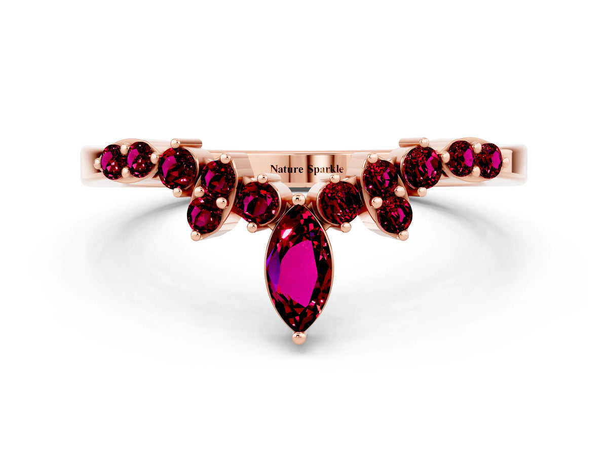 Marquise and Round Garnet Chevron Band in Rose gold with Prong Setting